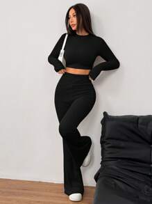 SHEIN EZwear 2pcs Set: Solid Color Knitted Round Neck Long Sleeve Cropped Fitted T-Shirt & High Waist Flare Pants, Women - Black - View 3
