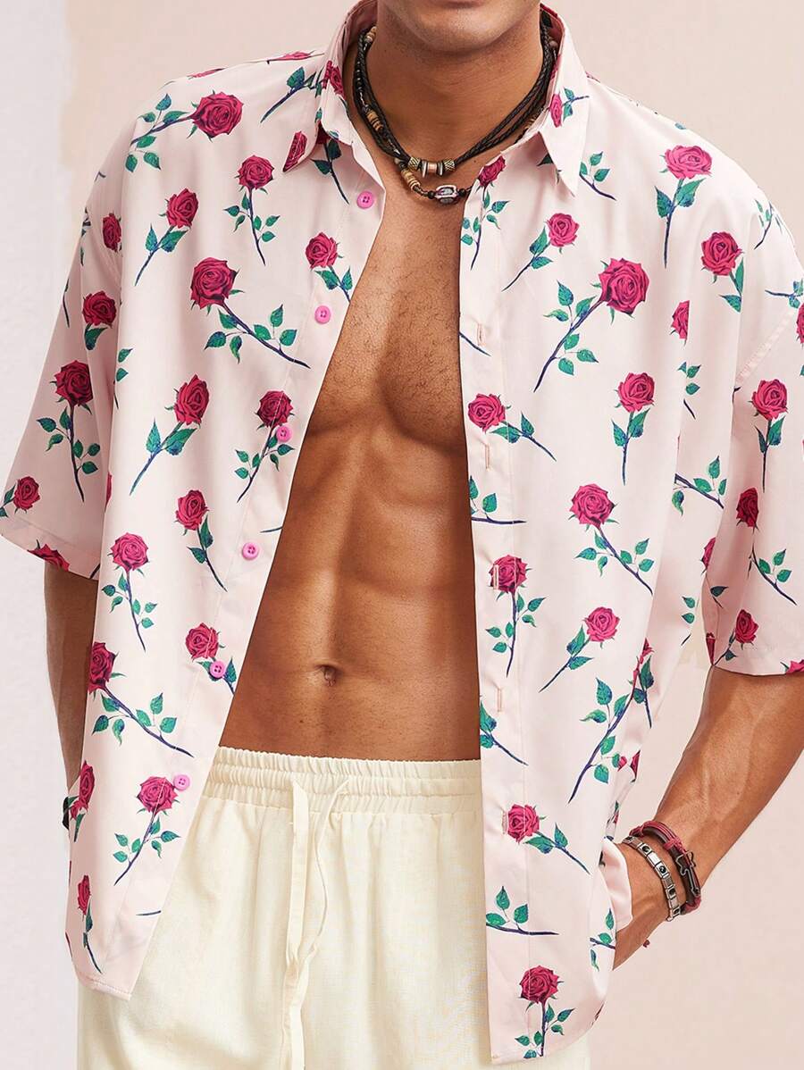 Manfinity VCAY 男士休闲宽松度假梭织衬衫，年轻人时尚日常穿着 - 粉色 - 查看 1