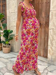 SHEIN Bohemian Floral Print Bow Strap Maternity Jumpsuit - Multicolor - View 2