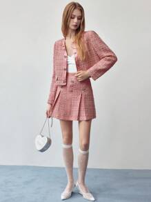 MOTF STUDIO TWEED BUTTON DECOR SKIRT,SPRING/SUMMER - Pink - View 3