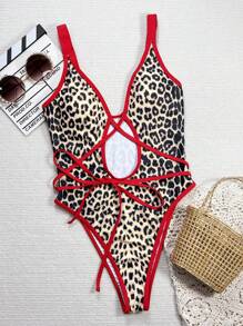 Swim SXY Traje de baño de una pieza para mujer con cuello en V, tirantes cruzados y estampado de leopardo - Multicolor - Ver 4
