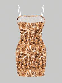 SHEIN EZwear Casual Minimalist Party Style Faux Gold Glitter Allover Print Slip Contrast Sequin Dress For Women, Suitable For Party