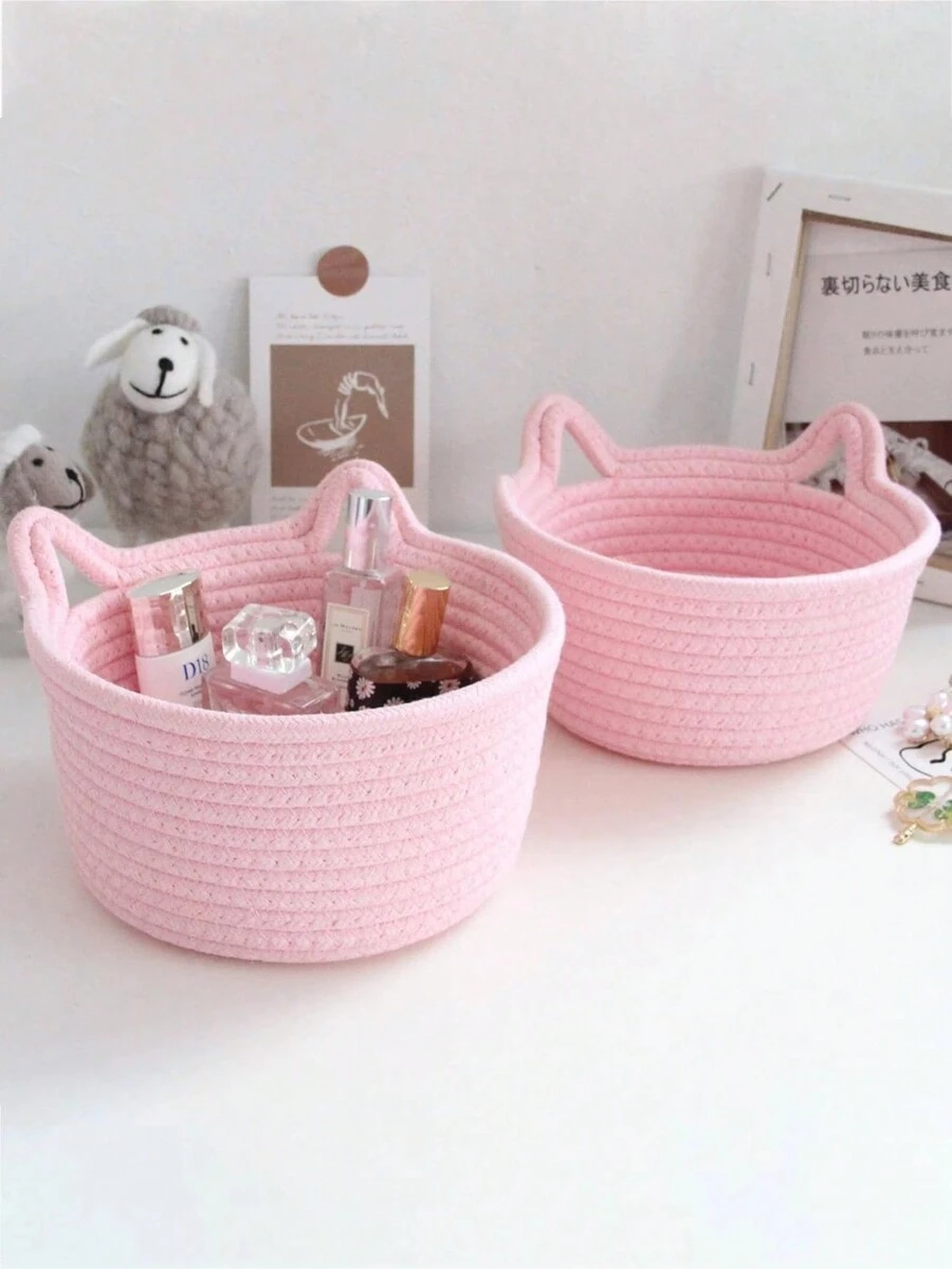 1pc Small Handwoven Cat Ear Design Rope Storage Basket,Desktop Storage Basket For Living Room, Bedroom, Desk, Bedside(Pink) - Pink - View 1