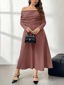 Firerie 大码女式优雅露肩褶皱宽松 A 字长袖超长连衣裙，弹力休闲，适合通勤、秋冬季 - 藕粉色 - 查看 4