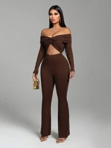 Zolique Women's Solid Color Off Shoulder Long Sleeve Twist Hole Jumpsuit - Brown - View 1
