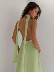 Aloruh 女式深 V 领露背度假长款雪纺连衣裙，配系带，合身喇叭裙款式，适合婚礼、派对、春夏季