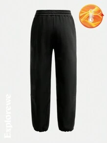 SHEIN 青少年女孩休闲纯色抽绳腰长裤，户外，秋冬 - 黑色 - 查看 2