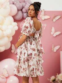 Loomaby Maternity Floral Print Ruffle Hem Gender Reveal Dress For Baby Shower Party, Valentine's Day - Pink - View 2