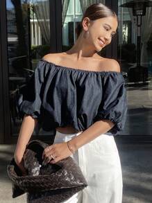 DAZY Women's Off Shoulder Short Sleeve Ruffle Denim Top