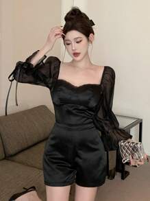 DAZY 两件套女士蕾丝网纱撞色钢圈上衣和短裤内衣套装，修身性感夏季短款女士套装，家居服套装，女士短款套装 - 黑色 - 查看 9