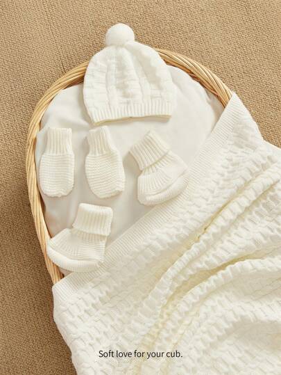 Cozy Pixies 4 件套白色针织婴儿襁褓毯套装，新生儿礼物（包括手套、帽子、婴儿鞋、毯子）