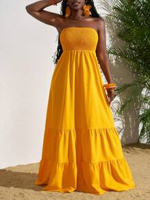 SHEIN Slayr Women's Solid Color Strapless Simple Casual Ruched Decorative Cold Shoulder Resort Long Dress - Ginger - View 5