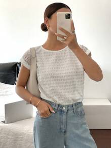 SHEIN Frenchy 女士纯色圆领白色圆袖休闲肌肉T恤夏季女装夏季上衣爆款服装热销款式 - 白色 - 查看 4