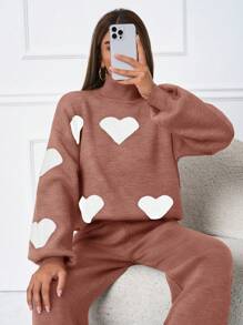 SHEIN Tall 2 chiếc/Bộ Áo len cổ cao họa tiết trái tim giản dị - Hồng - Xem 5