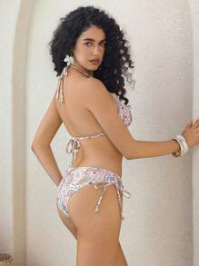 Random Paisley Print Halter Lace Trim Drawstring + Drawstring Bowknot Triangle Bottom 2pcs Women Swimwear Set, Beach Outfits For Summer Beach Vacation