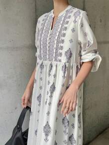 FRIFUL 女士白色长款宽松波西米亚风印花连衣裙度假装 - 白色 - 查看 7