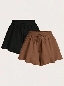 Elaquor 2 Pcs/Set Plus Size Solid Color Shorts With French Ruffle Hem Spring To Summer - Brown - View 1