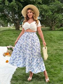 SHEIN MOOSTA Plus Size Layered Patchwork A-Line Long Skirt, Casual Elegant Holiday Style, Blue & White - Blue and White - View 3