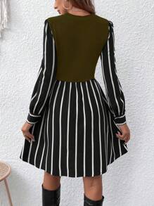 SHEIN LUNE Robe casual femme à col rond rayée à manches longues avec faux 2 pièces - Vert - Voir 2