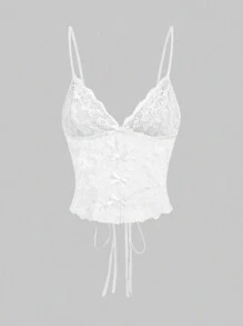 SHEIN EZwear 细肩带蕾丝边吊带背心，蝴蝶结装饰，露背系带 - 白色 - 查看 4