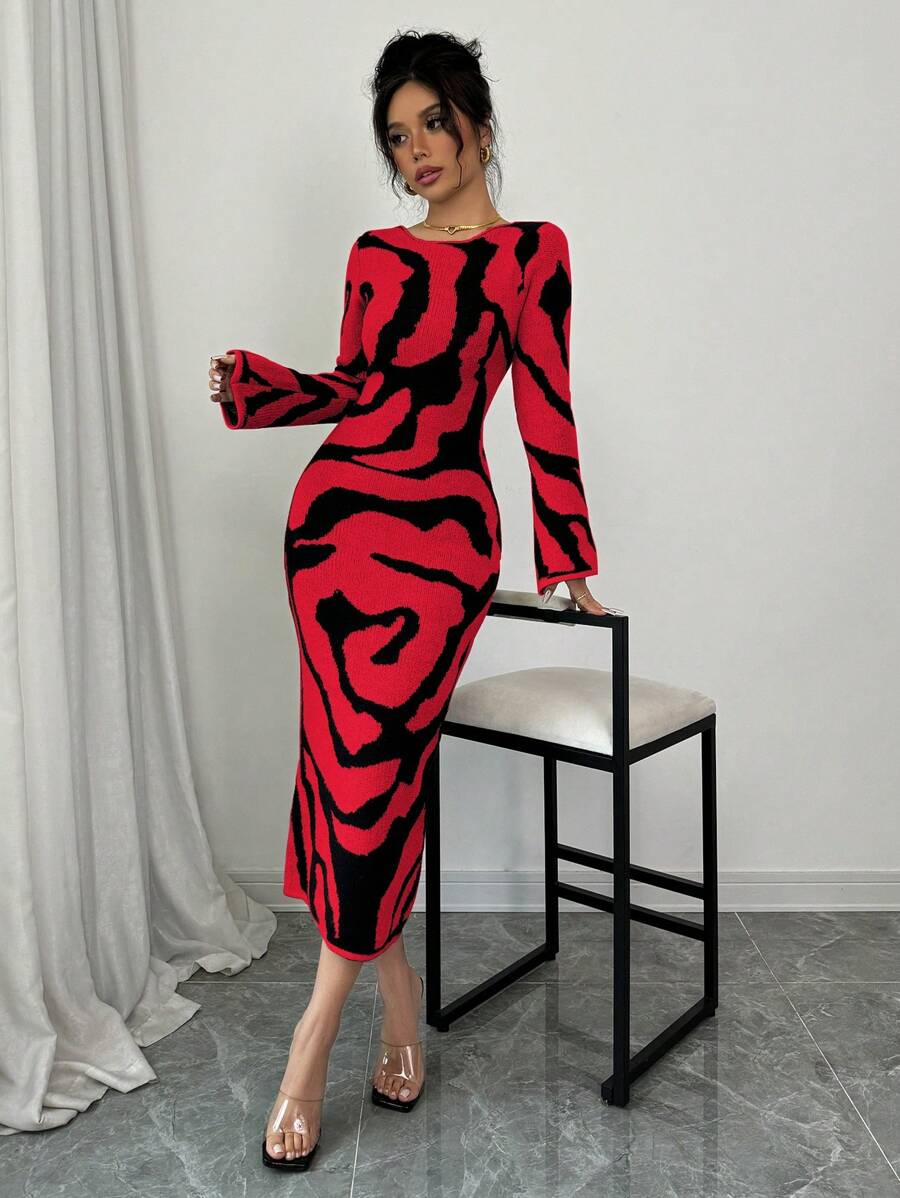 Elenzga Women Sweater Dress With Bell Sleeve & Pattern Fall Cloth For Women - Red - View 1