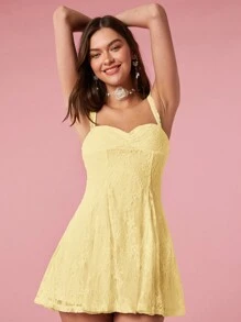 Enchnt Đầm mini rộng rãi, đơn sắc, viền bèo nhún, thường ngày cho nữ - Màu vàng - Xem 6