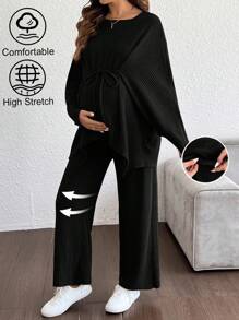 Cheriluna Maternity 2 件孕妇纯色前系带长袖上衣和裤子套装