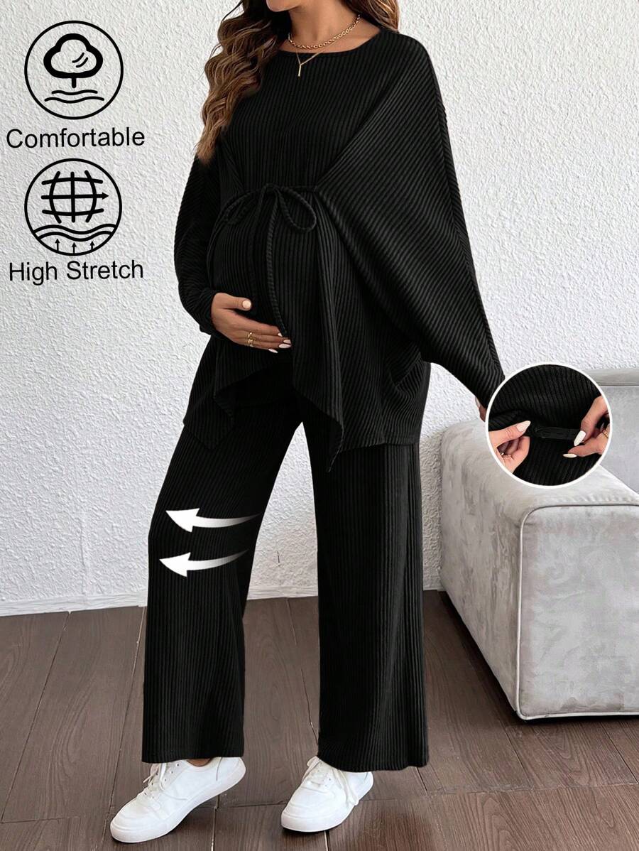 Cheriluna Maternity 2 件孕妇纯色前系带长袖上衣和裤子套装