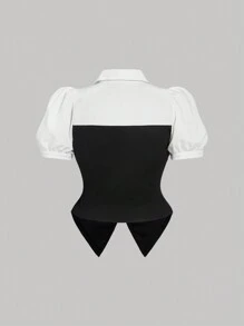 SHEIN MOD Plus Size Summer Black And White Color Block High-Low Hem Ruched Bustier Fitted Blouse - Black and White - View 2