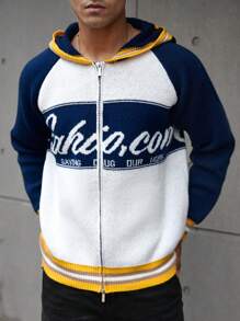 Manfinity EMRG Men's Front Zipper Long Sleeve Solid Color Patchwork Letter Graphic Minimalist Hoodie - Blue - View 6