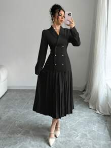 Elenzga Women's Elegant Commuter Turn-Down Collar Double-Breasted Cinched Waist Pleated Hem Long Sleeve Long Dress, Spring/Autumn/Winter Maxi Women Outfit Fall Cloth For Women - Black - View 7