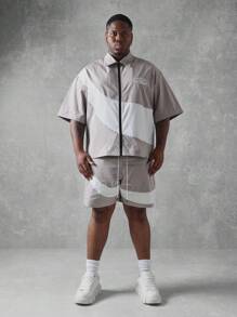 SUMWON Summer Athletic Plus Size Two Piece Set Zip Front Boxy Shirt Matching Shorts All Season Essential Track Suit Loungewear Casual Streetwear - Khaki - View 1