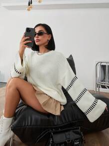 EURMUSE Women Oversized Knitted Pullover, Casual Loose Slouchy Outwear/Inner Shirt, Autumn/Winter - Black and White - View 1