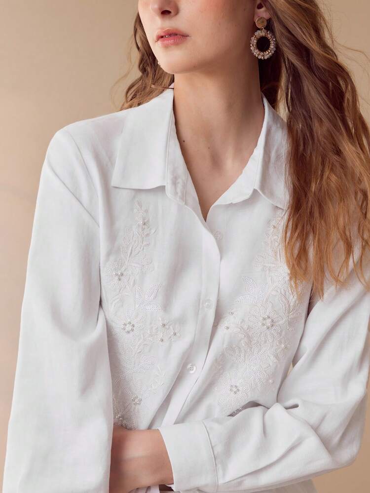 LINEN FLORAL EMBROIDERY SHIRT,SPRING/SUMMER