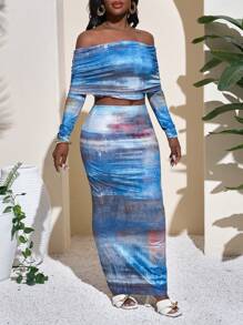 Slaydiva Elegant Party Sexy Off Shoulder Tie Crop Top & Maxi Skirt 2 Pieces Floral Print Set - Blue - Multicolor - View 3