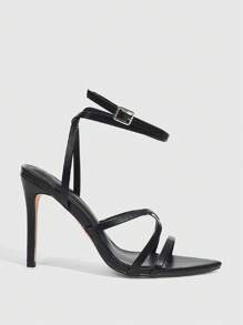 CUCCOO SZL Women's Black High Heels, Thin Stiletto, Sexy Party Heels With Silver Chain, Crystal Rhinestone And Ankle Strap, Open Toe Sandals (Rhinestone Direction Is Random) Valentine Gift Summer Shoes Spring Shoes Spring Break Easter