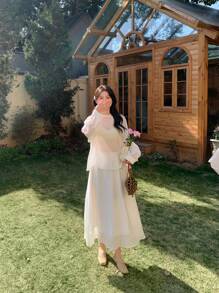 DAZY 2pcs Women Lace Splice Textured Long Sleeve Top Set Fall,Winter - White - View 5