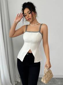 Elenzga Women Contrast Color Stitching Minimalist Spaghetti Strap Camisole, Casual Daily Wear - Apricot - View 4