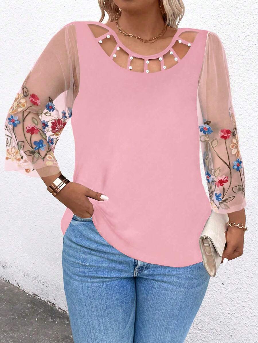 Plus Size Women Solid Color Patchwork Round Neck Long Sleeve Hollow Out Casual Blouse