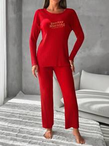 EURMUSE 100%Cotton Slogan Graphic Ribbed Knit Lounge Set - Red - View 3