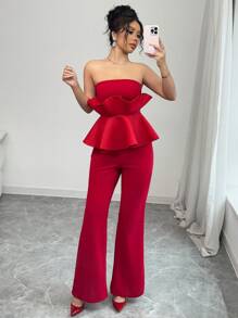 Elenzga 女士 2 件套：3D 荷叶边细肩带短款上衣 + 高腰喇叭裤，适合法国派对、复活节、情人节、中国新年等场合穿着