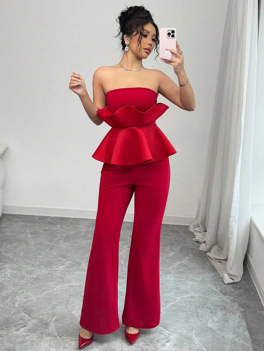 Elenzga 女士 2 件套：3D 荷叶边细肩带短款上衣 + 高腰喇叭裤，适合法国派对、复活节、情人节、中国新年等场合穿着