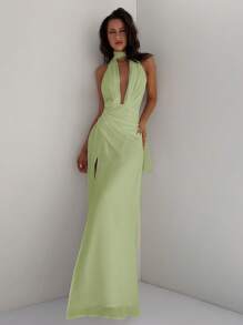 Aloruh 女式深 V 领露背度假长款雪纺连衣裙，配系带，合身喇叭裙款式，适合婚礼、派对、春夏季