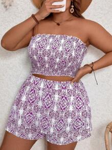 SHEIN VCAY 2pcs Plus Size Set - Minimalist Fashion Camisole And Shorts, Casual Everyday Wear - Purple - View 4