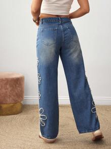 EMERY ROSE Quần Jeans Ống Thẳng Túi Vá Hoa Cho Nữ Thường Ngày - Màu xanh lam - Xem 2
