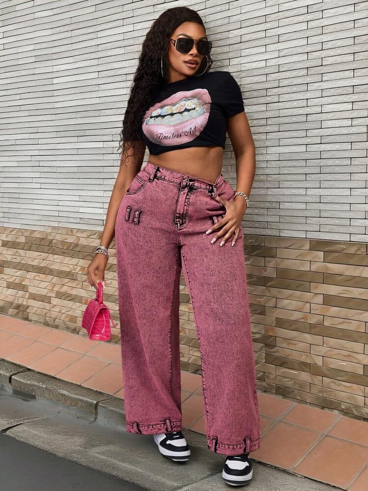 SHEIN SXY Plus Size Women Straight Leg Non-Stretch Jeans With Special Denim Washing And Dyeing - Pink - View 1