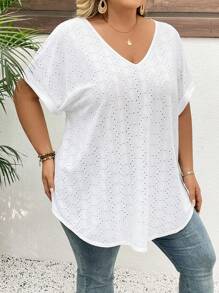 SHEIN CURVE+ Áo thun tay ngắn màu trắng thời trang ngày của mẹ cỡ lớn cho nữ phong cách Boho nghỉ dưỡng - trắng - Xem 6