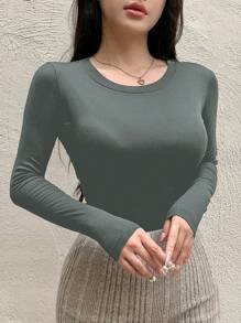 DAZY Camiseta casual ajustada de manga larga con cuello redondo de unicolor para mujer