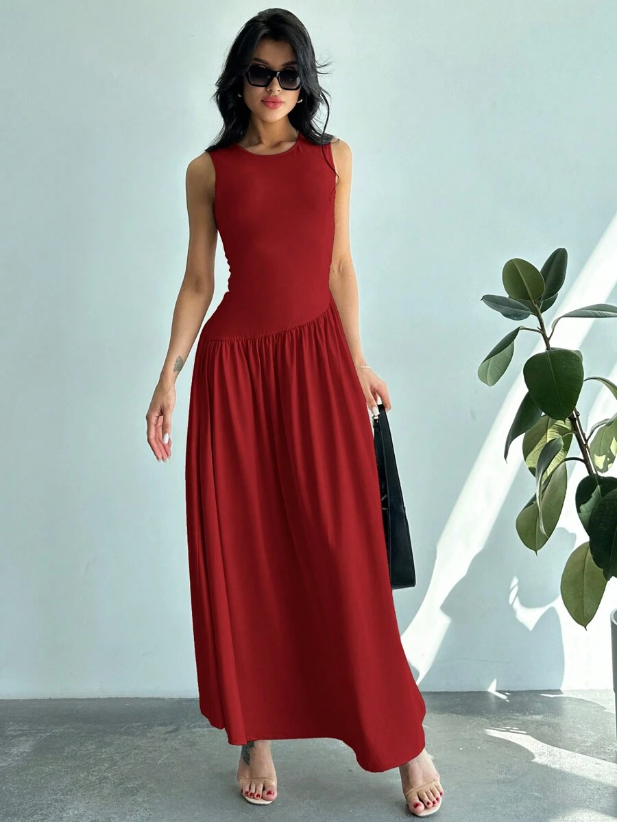 Firerie Váy Maxi Chữ A Không Tay Xếp Ly Cho Nữ, Đơn Giản, Thường Ngày - Đỏ - Xem 1