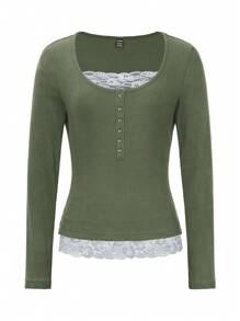 Pariaura Camiseta marrón de mujer con cuello redondo, parches de encaje y costilla desgastada, 2 en 1, para otoño/invierno - Verde militar - Ver 7